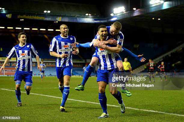 Leon Best of Sheffield Wednesday celebrates scoring to make it 2-0 with team mates during the Sky Bet Championship match between Sheffield Wednesday...