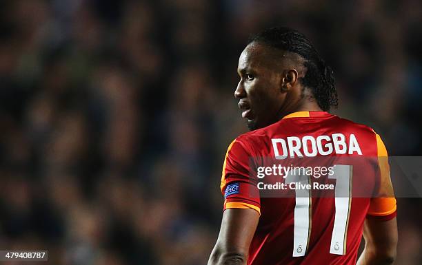 Didier Drogba of Galatasaray looks on during the UEFA Champions League Round of 16 second leg match between Chelsea and Galatasaray AS at Stamford...