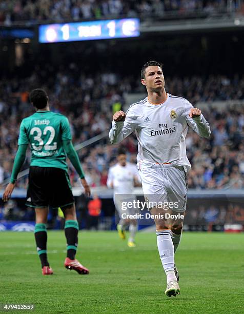 Cristiano Ronaldo of Real Madrid celebrates after scoring his team's second goal during the UEFA Champions League Round of 16, second leg match...