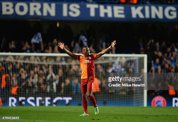 Didier Drogba of Galatasaray salutes the crowd after the UEFA Champions League Round of 16 second leg match between Chelsea and Galatasaray AS at...