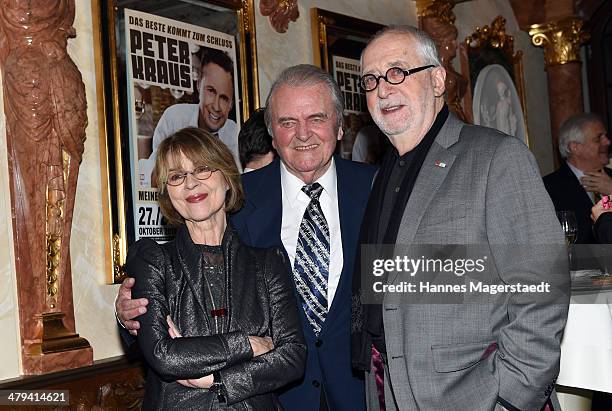 Actress Cornelia Froboess, Max Greger and Hellmuth Matiasek attend the Peter Kraus 75th Birthday party at Suedtiroler Stuben on March 18, 2014 in...