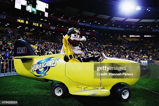 Captain Hurricane acknowledges the crowd ahead of the Super Rugby Final match between the Hurricanes and the Highlanders at Westpac Stadium on July...