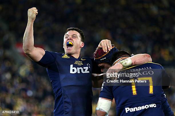 Ben Smith of the Highlanders celebrates winning the Super Rugby Final match between the Hurricanes and the Highlanders at Westpac Stadium on July 4,...