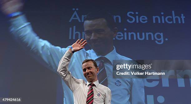 Bernd Lucke, co-Chairman of the AfD waves at the federal party congress on July 4, 2015 in Essen, Germany. The AfD, a relative newcomer to the German...