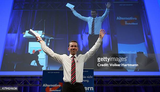Bernd Lucke, co-Chairman of the AfD waves at the federal party congress on July 4, 2015 in Essen, Germany. The AfD, a relative newcomer to the German...