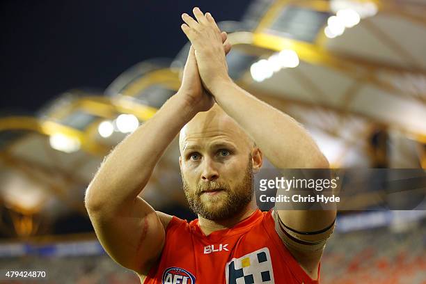 Gary Ablett of the Suns celebrates winning the round 14 AFL match between the Gold Coast Suns and the North Melbourne Kangaroos at Metricon Stadium...