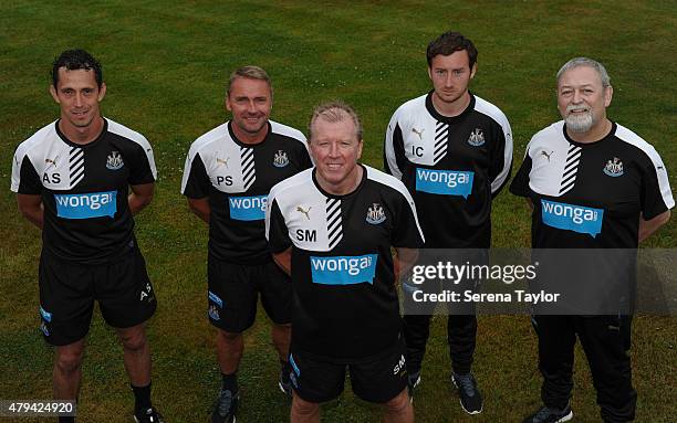 Newcastle Head Coach Steve McClaren poses for photographs with his back room staff Fitness Coach Alessandro Schoenmaker, Assistant Coach Paul...