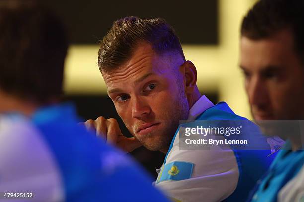 Lars Boom of the Netherlands and the Astana Pro Team talks to the media during a press conference ahead of the 2015 Tour de France, on July 3, 2015...