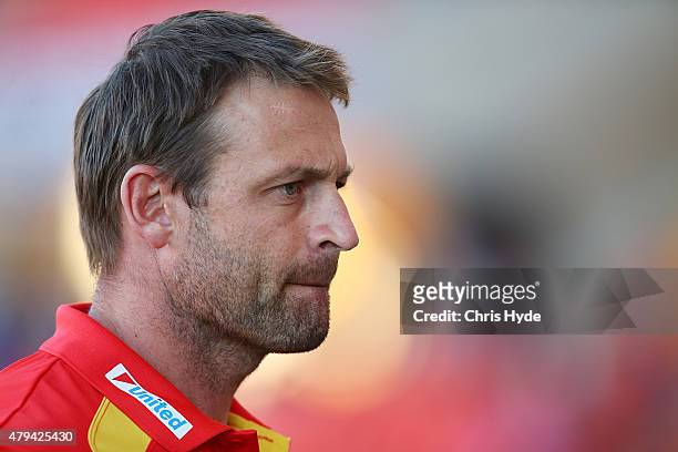 Assistnat coach Matthew Primus looks on during the round 14 AFL match between the Gold Coast Suns and the North Melbourne Kangaroos at Metricon...