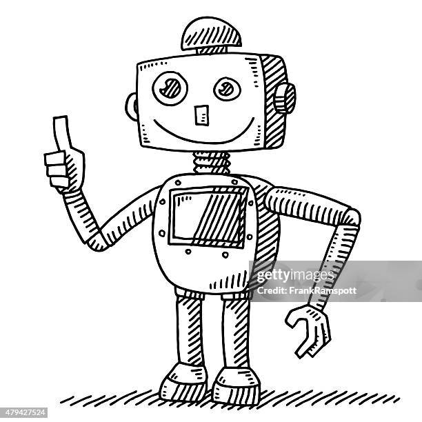 stockillustraties, clipart, cartoons en iconen met optimistic robot thumb up hand drawing - cute robots