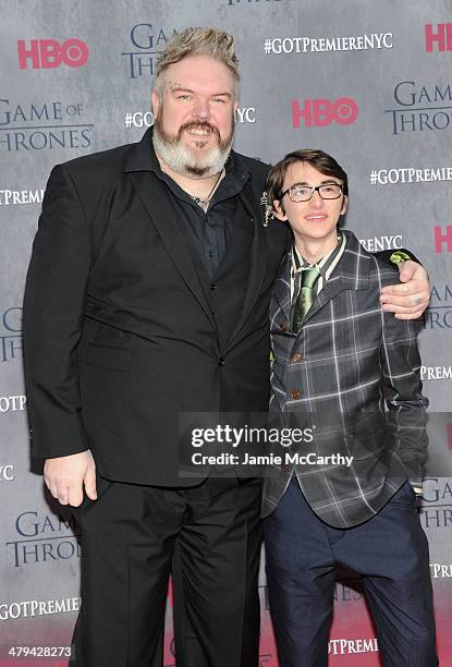 Actor Kristian Nairn and actor Isaac Hempstead Wright attend the "Game Of Thrones" Season 4 New York premiere at Avery Fisher Hall, Lincoln Center on...