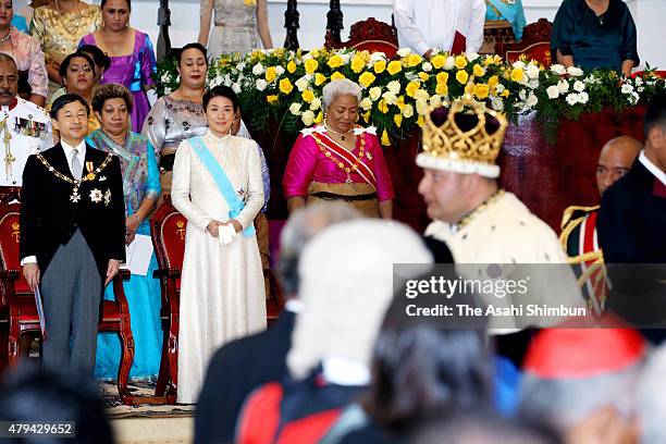 Crown Prince Naruhito and Crown Princess Masako of Japan attend the official coronation ceremony for King Tupou VI of Tonga and Queen Nanasipau'u at...