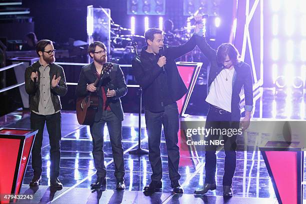 Battle Rounds" Episode 608 -- Pictured: Coty Walker and Clinton Walker of Brothers Walker, Carson Daly, Morgan Wallen --