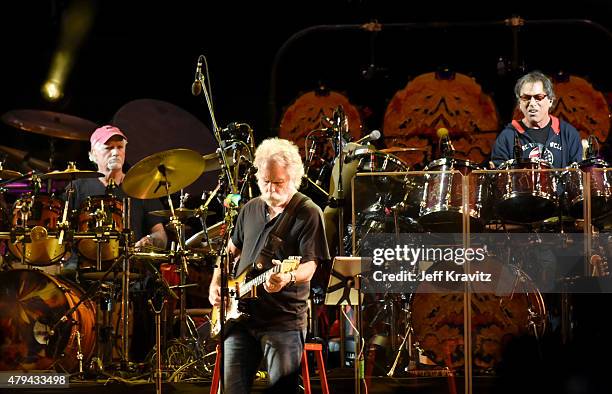 Bill Kreutzman, Bob Weir and Mickey Hart of The Grateful Dead perform during the "Fare Thee Well, A Tribute To The Grateful Dead" on July 3, 2015 in...