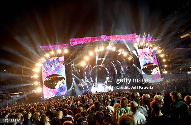 Trey Anastasio, Phil Lesh, Bill Kreutzman, Bob Weir, Mickey Hart, Jeff Chimenti and Bruce Hornsby of The Grateful Dead perform during the "Fare Thee...