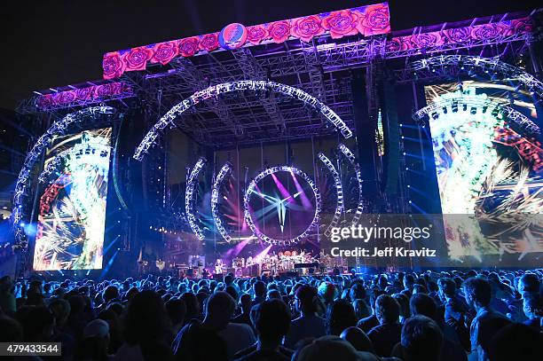 Trey Anastasio, Phil Lesh, Bill Kreutzman, Bob Weir, Mickey Hart, Jeff Chimenti and Bruce Hornsby of The Grateful Dead perform during the "Fare Thee...