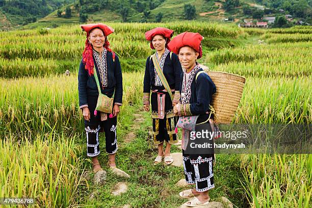 vietnamese minority people - women from red dao hill tribe - sapa stockfoto's en -beelden