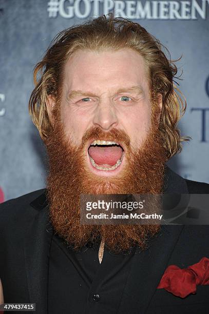 Actor Kristofer Hivju attends the "Game Of Thrones" Season 4 New York premiere at Avery Fisher Hall, Lincoln Center on March 18, 2014 in New York...