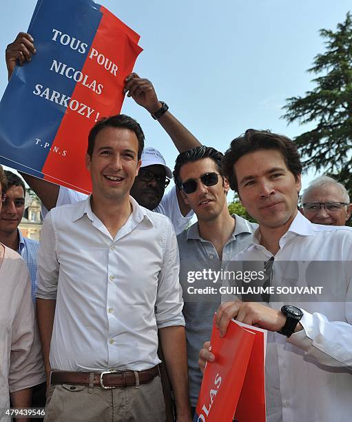 Guillaume Peltier and Geoffroy Didier, leaders of La Droite Forte , a movement of French right-wing opposition party Les Republicains, pose during...