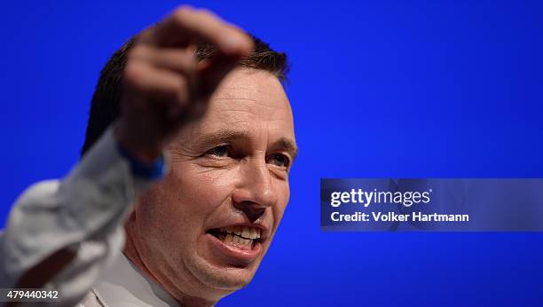 Bernd Lucke, co-Chairman of the AfD political party speaks at the AfD federal party congress on July 4, 2015 in Essen, Germany. The AfD, a relative...