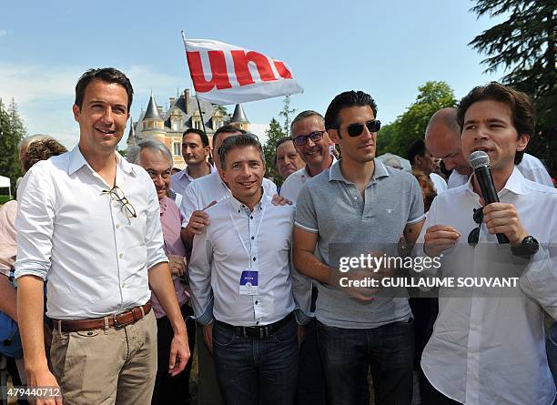 Geoffroy Didier , leader of La Droite Forte , a movement of French right-wing opposition party Les Republicains, speaks flanked by La Droite Forte...