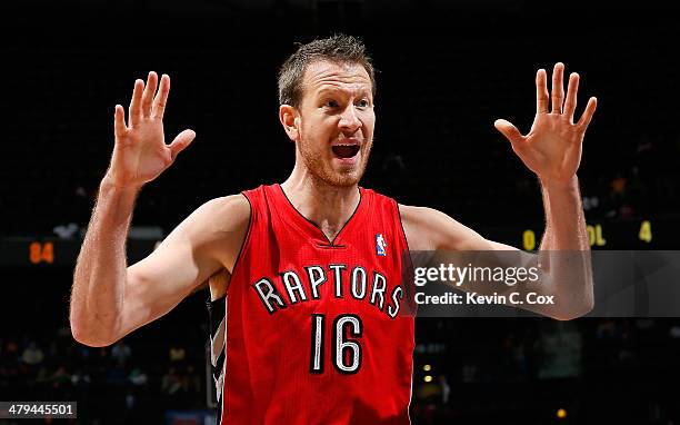 Steve Novak of the Toronto Raptors reacts after being called for a foul against the Atlanta Hawks at Philips Arena on March 18, 2014 in Atlanta,...