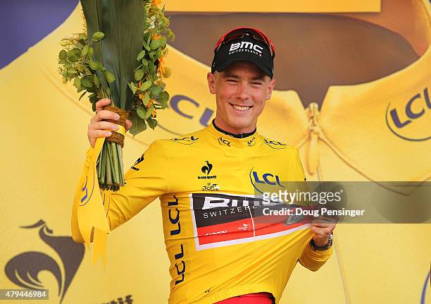Rohan Dennis of Australia and BMC Racing Team wears the yellow jersey following his victory during stage one of the 2015 Tour de France on July 4,...