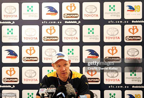 Crows coach Brenton Sanderson talks to the media during a press conference during an Adelaide Crows AFL training session at AAMI Stadium on March 19,...