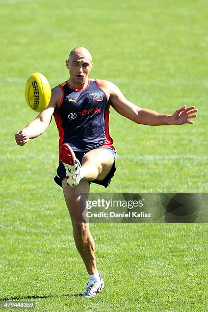 James Podsiadly kicks the ball during an Adelaide Crows AFL training session at AAMI Stadium on March 19, 2014 in Adelaide, Australia.