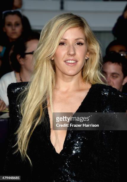 Singer Ellie Goulding arrives at the premiere of Summit Entertainment's "Divergent" at the Regency Bruin Theatre on March 18, 2014 in Los Angeles,...