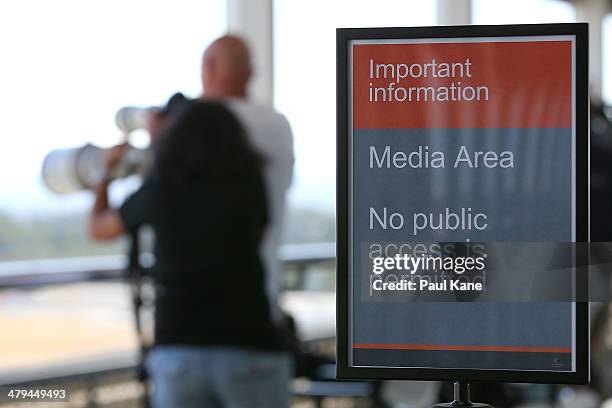 Media keep a watch on the Aeronexus Corporation's - Boeing 767 used by the Rolling Stones at Perth International Airport on March 19, 2014 in Perth,...