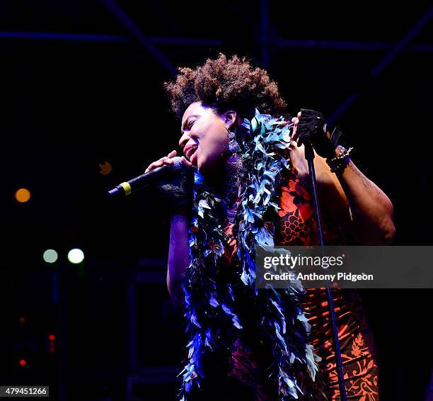 Macy Gray performs onstage with Galactic at Waterfront Blues Festival at Tom McCall Waterfront Park on July 3, 2015 in Portland, Oregon, USA.