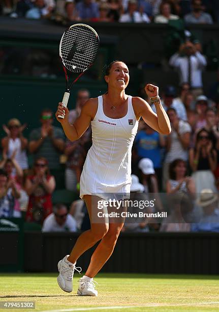 Jelena Jankovic of Serbia celebrates match point in her Ladies Singles third Round match against Petra Kvitova of Czech Republic during day six of...