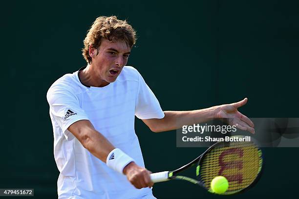 Stefanos Tsitsipas of Greece in action during the Boys Singles First Round match against Alexander Bublik of Russia during day six of the Wimbledon...