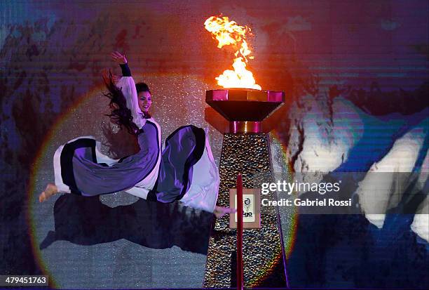 Dancer performs on stage during the Closing Ceremony on day 12 of the X South American Games Santiago 2014 at Plaza Constitucion on March 18, 2014 in...