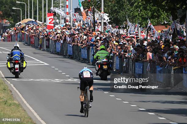 Mark Renshaw of Australia and Etixx-Quick Step is cheered on by the fans during stage one of the 2015 Tour de France on July 4, 2015 in Utrecht,...