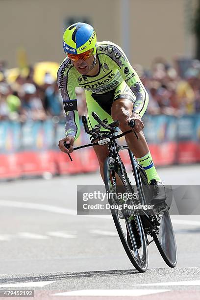 Alberto Contador of Spain riding for Tinkoff-Saxo races to 46th place in the individual time trial in stage one of the 2015 Tour de France on July 4,...