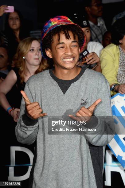 Actor Jaden Smith arrives at the premiere of Summit Entertainment's "Divergent" at the Regency Bruin Theatre on March 18, 2014 in Los Angeles,...