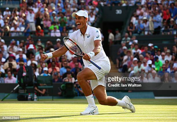 Vasek Pospisil of Canada celebrates after winning his Mens Singles Third Round match against James Ward of Great Britain during day six of the...