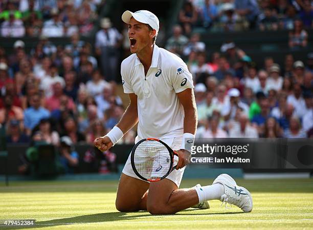 Vasek Pospisil of Canada celebrates after winning his Mens Singles Third Round match against James Ward of Great Britain during day six of the...