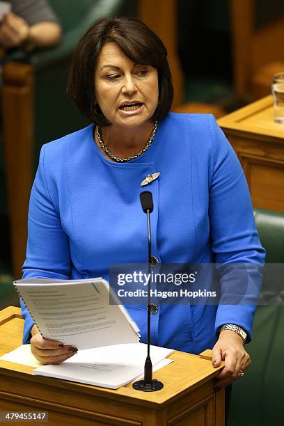 Minister of Education and Pacific Island Affairs, Hekia Parata, addresses the house during question time at Parliament on March 19, 2014 in...