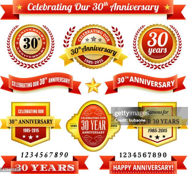 thirty year anniversary royalty free vector background with golden badges - 30 34 years stock illustrations