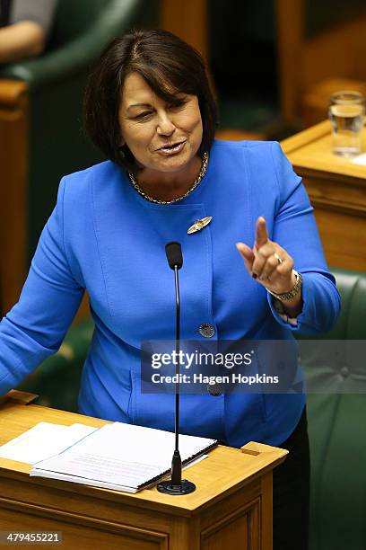 Minister of Education and Pacific Island Affairs, Hekia Parata, addresses the house during question time at Parliament on March 19, 2014 in...