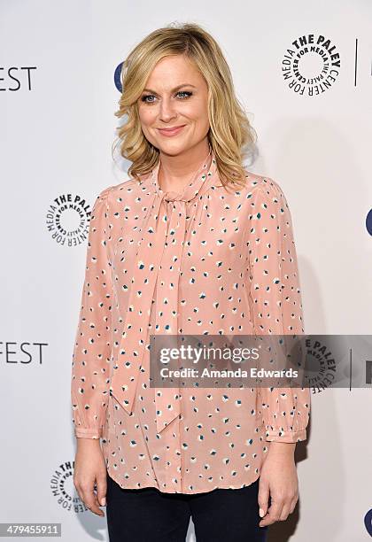 Actress Amy Poehler arrives at the 2014 PaleyFest - "Parks And Recreation" event at The Dolby Theatre on March 18, 2014 in Hollywood, California.