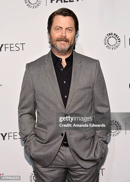 Actor Nick Offerman arrives at the 2014 PaleyFest - "Parks And Recreation" event at The Dolby Theatre on March 18, 2014 in Hollywood, California.