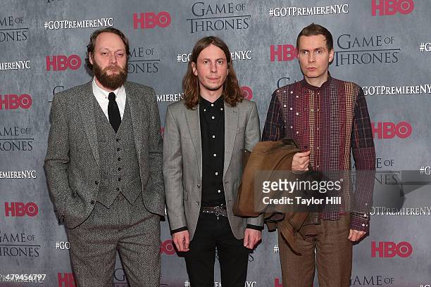 Georg Holm, Orri Pall Dyrason, and Jonsi of Sigur Ros attend the "Game Of Thrones" Season 4 premiere at Avery Fisher Hall, Lincoln Center on March...