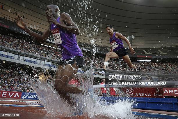 Kenya's Hillary Kipsang Yego and USA's Donald Cabral compete in the men's 3000m steeplechase during the IAAF Diamond League athletics meeting at the...