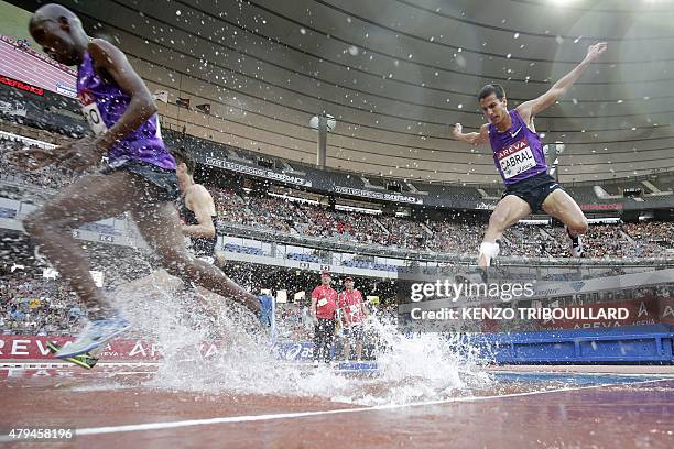 Kenya's Hillary Kipsang Yego and USA's Donald Cabral compete in the men's 3000m steeplechase during the IAAF Diamond League athletics meeting at the...