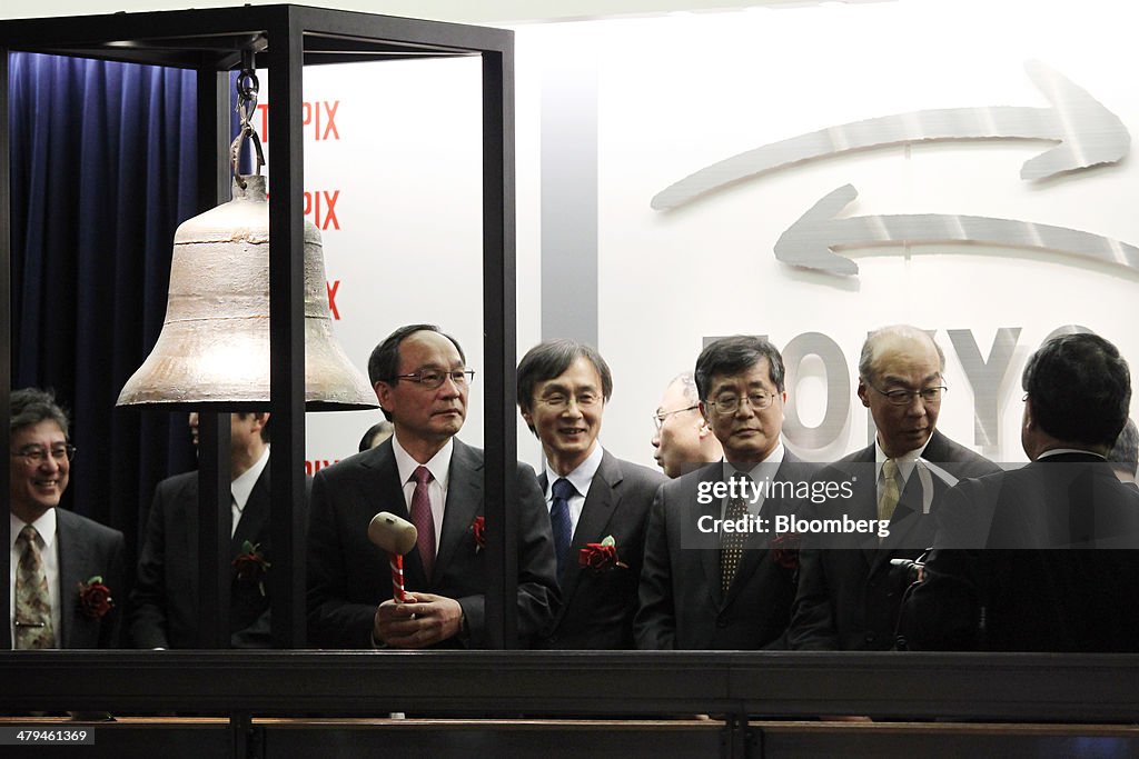 Japan Display President Shuichi Otsuka Holds IPO Ceremony And News Conference At Tokyo Stock Exchange