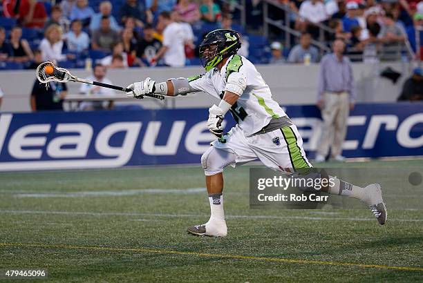 Greg Gurenlian of the New York Lizards runs with the ball against the Chesapeake Bayhawks at Navy-Marine Corps Memorial Stadium on July 2, 2015 in...